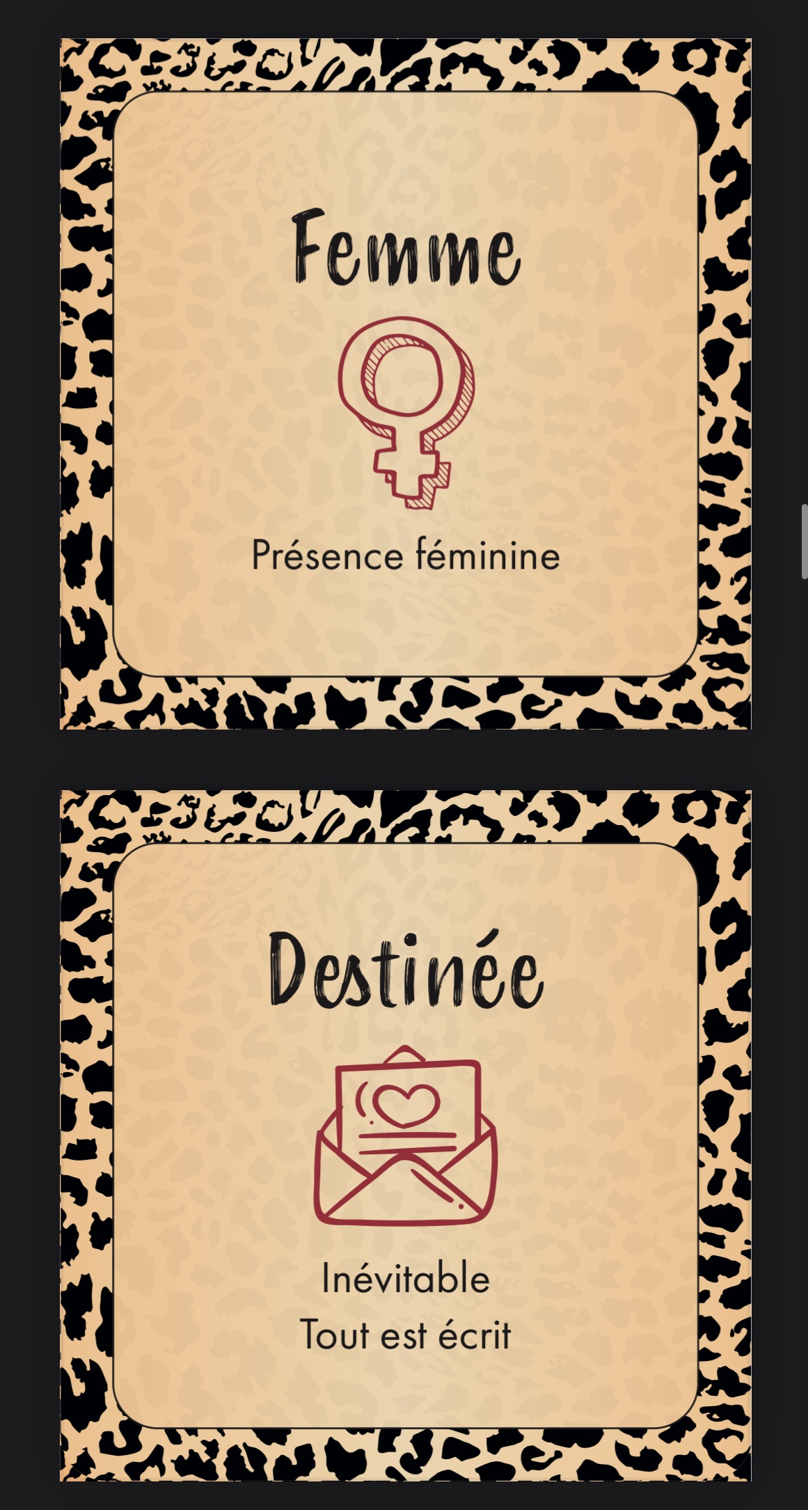 Savana Love Oracle
Jeu divinatoire - Oracle sentimental 52 cartes + notice | Édition limitée auto-éditée ( 29,90€ + 5 de frais de ports ) – Image 6